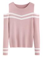 Romwe Pink Striped Open Shoulder Sweater