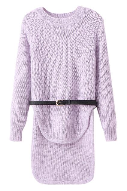 Romwe Asymmetric Belted Sheer Purple Jumper