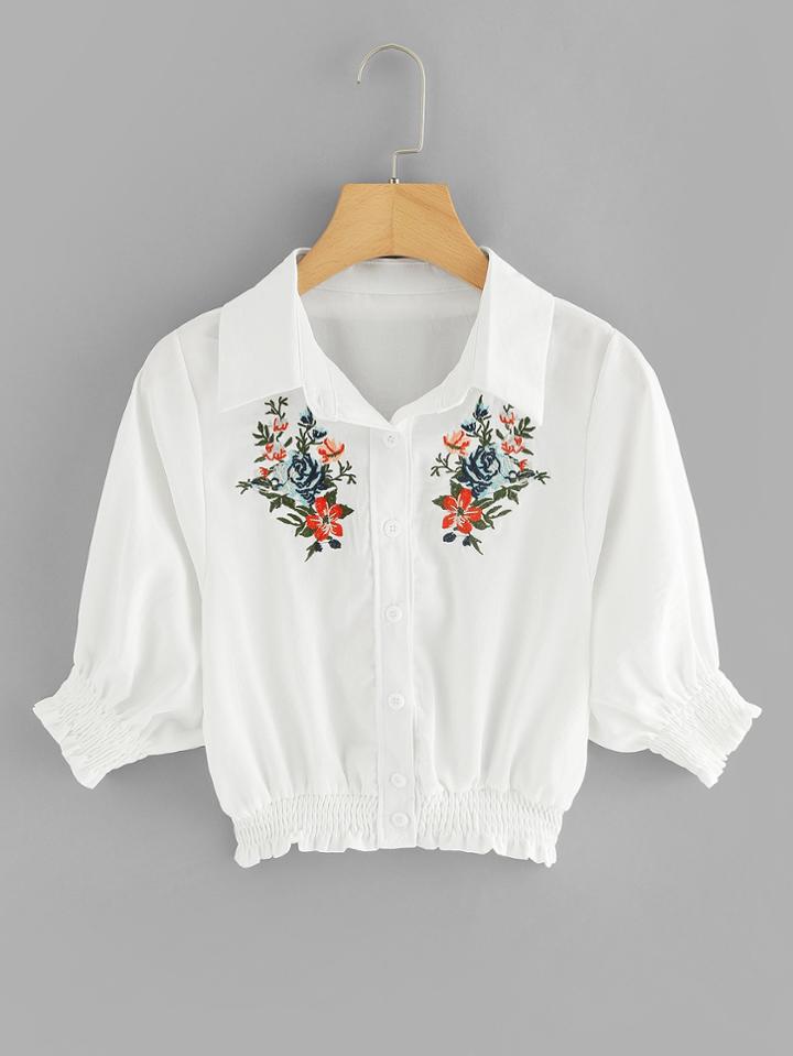 Romwe Embroidered Floral Single Breasted Pleated Blouse