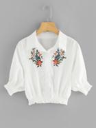 Romwe Embroidered Floral Single Breasted Pleated Blouse