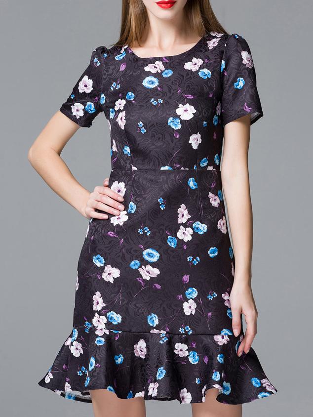 Romwe Black Short Sleeve Jacquard Frill Dress