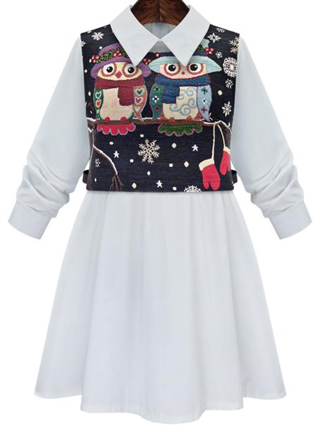 Romwe Lapel Owl Embroidered A-line Dress