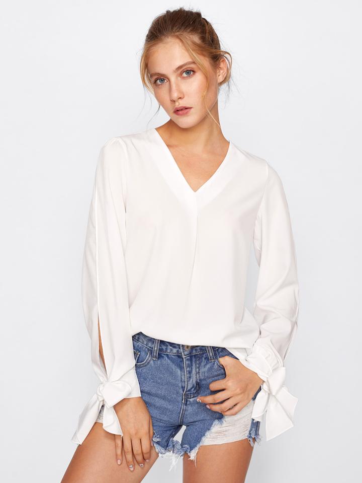 Romwe Bow Tie Cuff Fold Pleat Blouse