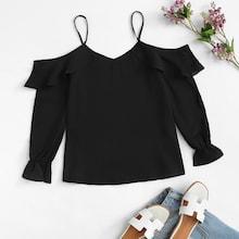Romwe Solid Ruffle Trim Open Shoulder Blouse