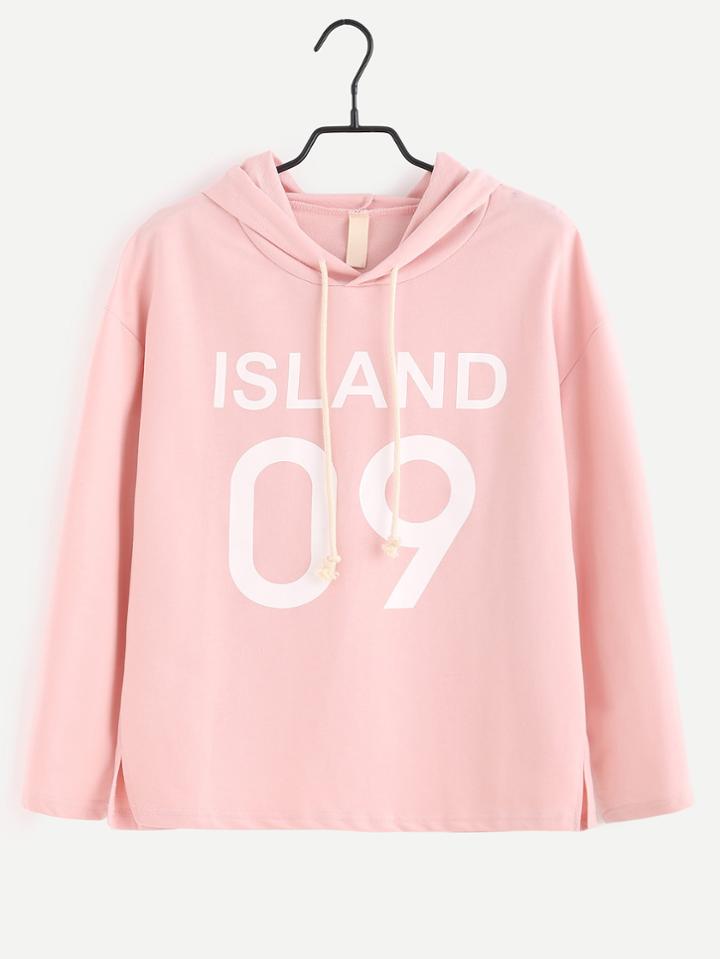 Romwe Pink Letter Print Slit Side Hooded T-shirt