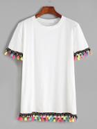 Romwe White Contrast Crochet Fringe Trim T-shirt