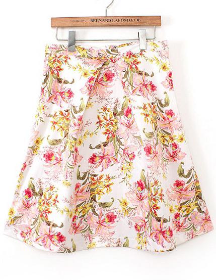 Romwe Red Yellow High Waist Floral Skirt