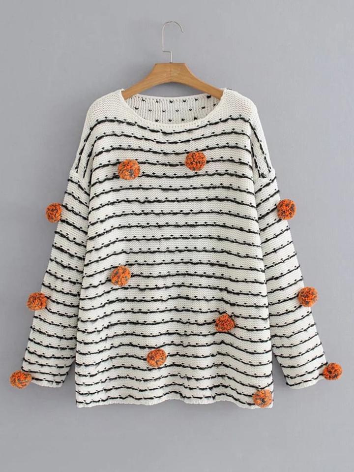 Romwe Contrast Pom Pom Striped Sweater