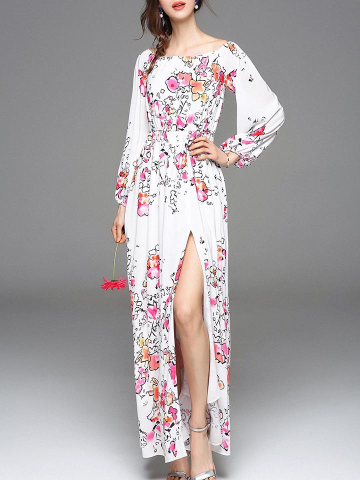 Romwe White Off The Shoulder Floral Split Dress