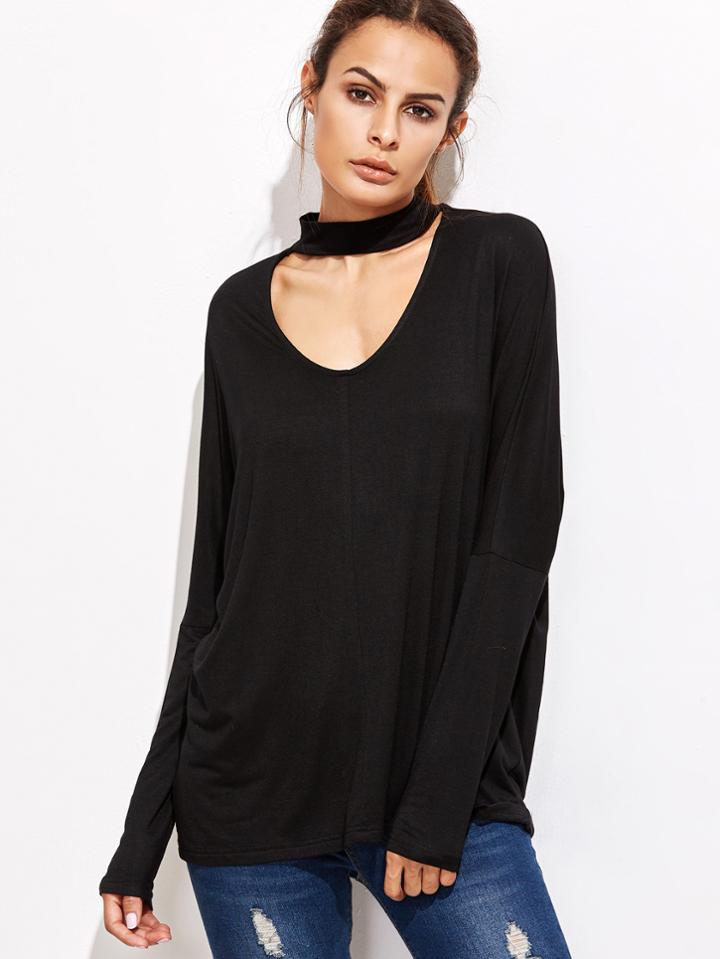 Romwe Black Cutout Choker Drop Shoulder T-shirt