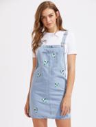 Romwe Floral Embroidered Denim Pinafore Dress