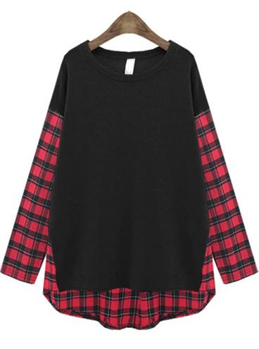 Romwe Contrast Plaid Loose Black T-shirt
