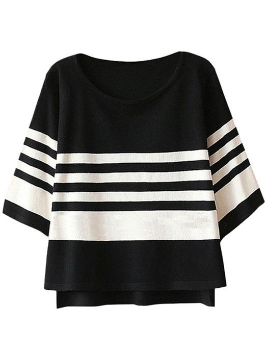 Romwe Dip Hem Striped Black Sweater