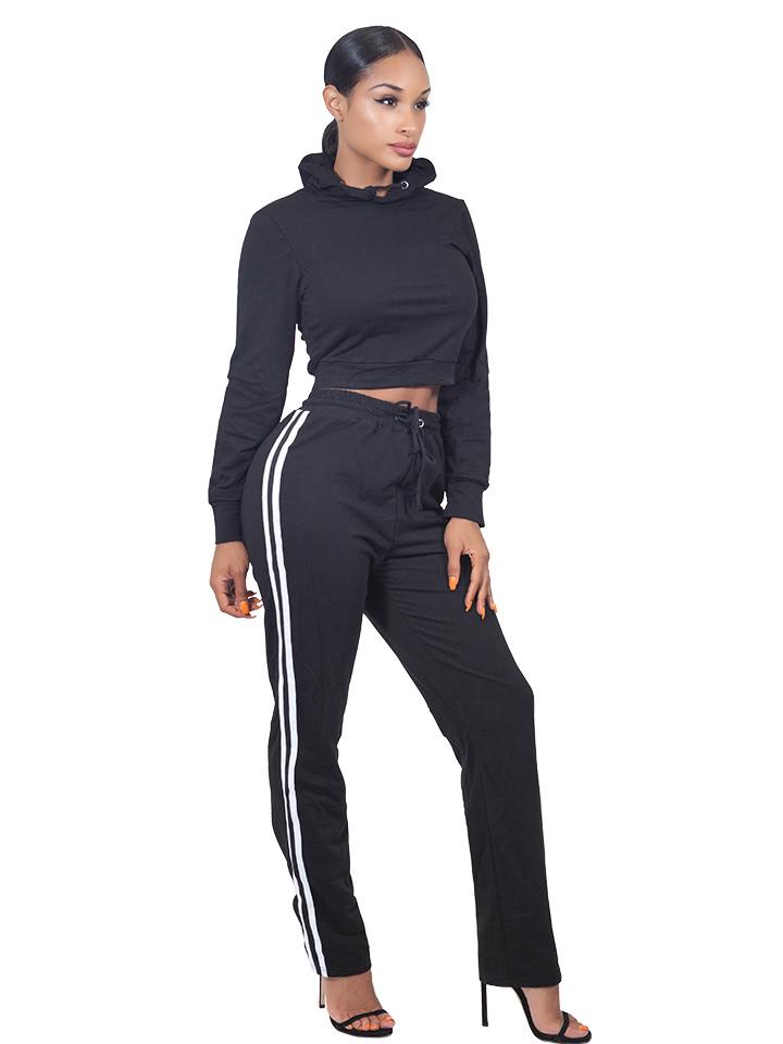 Romwe Crop Hoodie With Striped Side Sweatpants