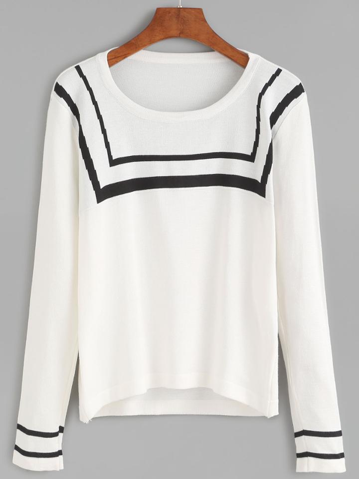Romwe White Striped Trim High Low Knitwear