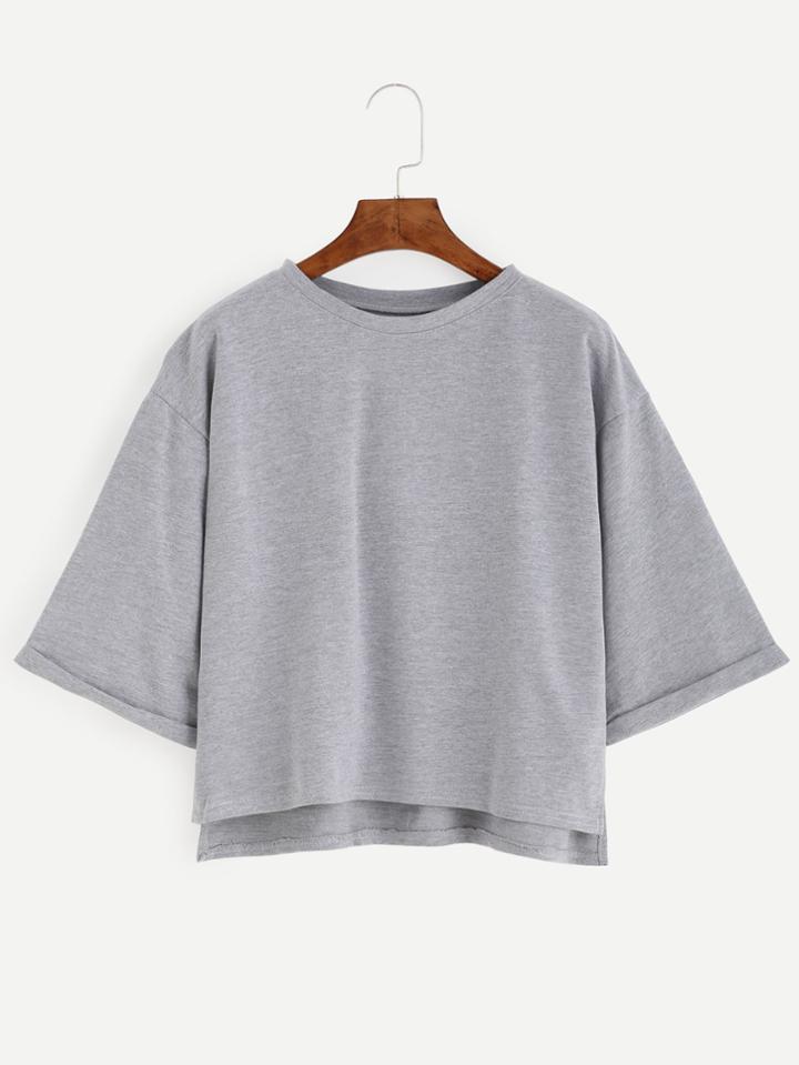 Romwe Grey Dip Hem Cuffed Sleeve T-shirt