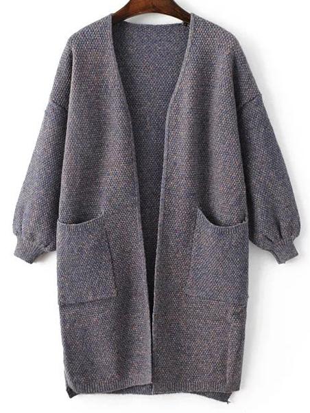 Romwe Grey Lantern Sleeve Long Cardigan With Pockets