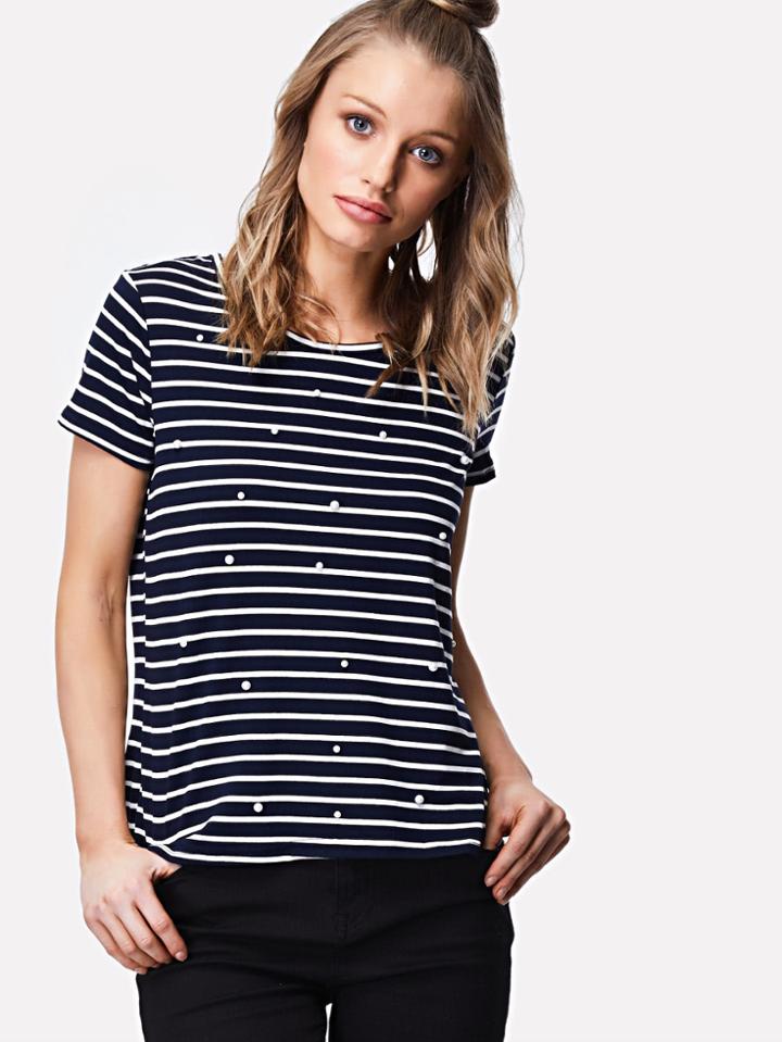 Romwe Pearl Embellished Pinstriped Tee