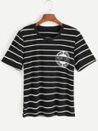 Romwe Black Letter Print Striped T-shirt