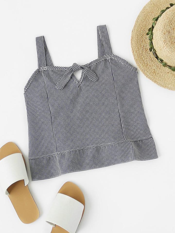 Romwe Checked Knot Front Shirred Back Cami Top