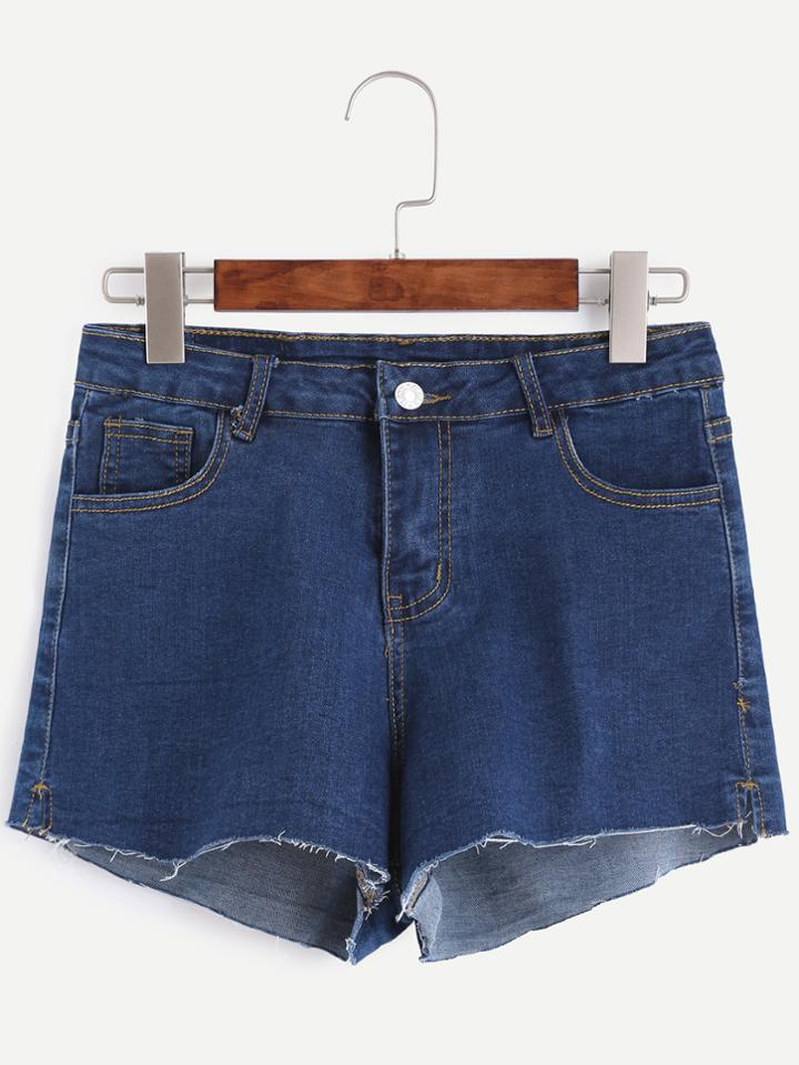 Romwe Blue Frayed Hem Denim Shorts