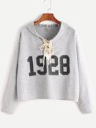 Romwe Heather Grey Number Print Lace Up Hoodie