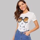 Romwe Figure Print Beaded Tee