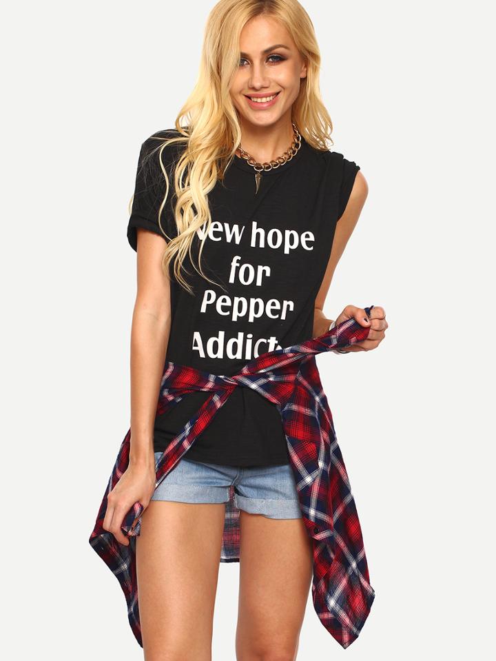 Romwe Letter Print High-low T-shirt - Black