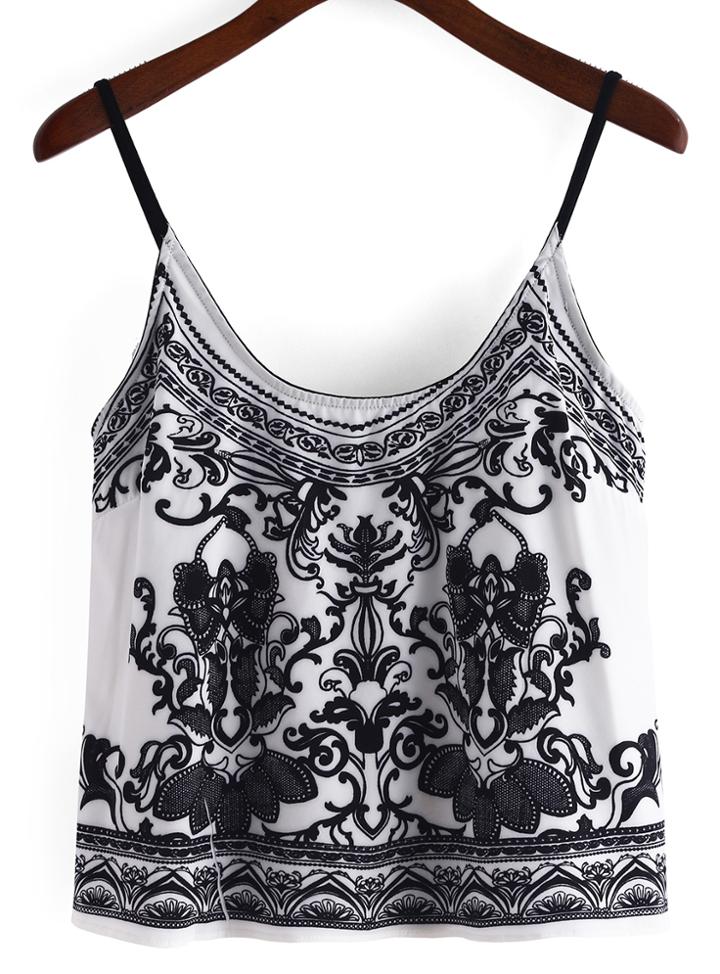 Romwe Spaghetti Strap Pastel Floral Print Black Cami Top