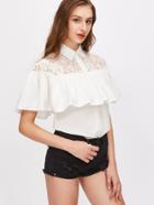 Romwe Pointed Collar Lace Shoulder Ruffle Blouse