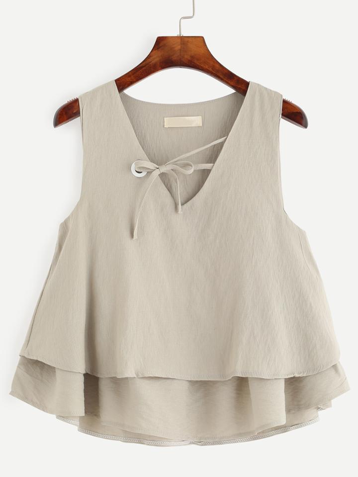 Romwe Beige Tie Neck Layered Top