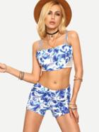 Romwe Tropical Print Crop Cami Top With Shorts - Blue