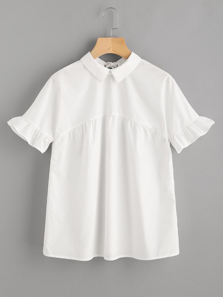 Romwe Pointed Collar Keyhole Tie Back Frilled Sleeve Smock Top