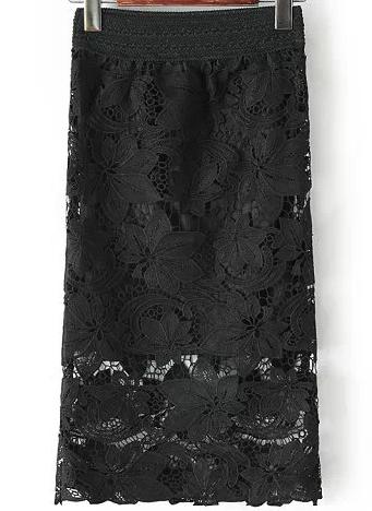 Romwe Hollow Floral Crochet Black Skirt