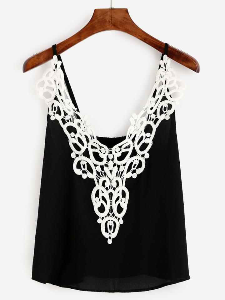 Romwe Black Lace Applique Cami Top