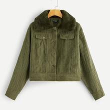 Romwe Contrast Faux Fur Collar Cord Jacket