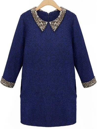 Romwe Doll Collar Sequined Straight Blue Dress