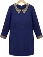Romwe Doll Collar Sequined Straight Blue Dress