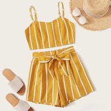 Romwe Striped Zipper Back Cami Top With Belted Shorts