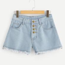 Romwe Light Wash Button Fly Raw Hem Denim Shorts
