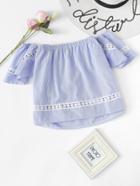 Romwe Off Shoulder Crochet Panel Striped Top