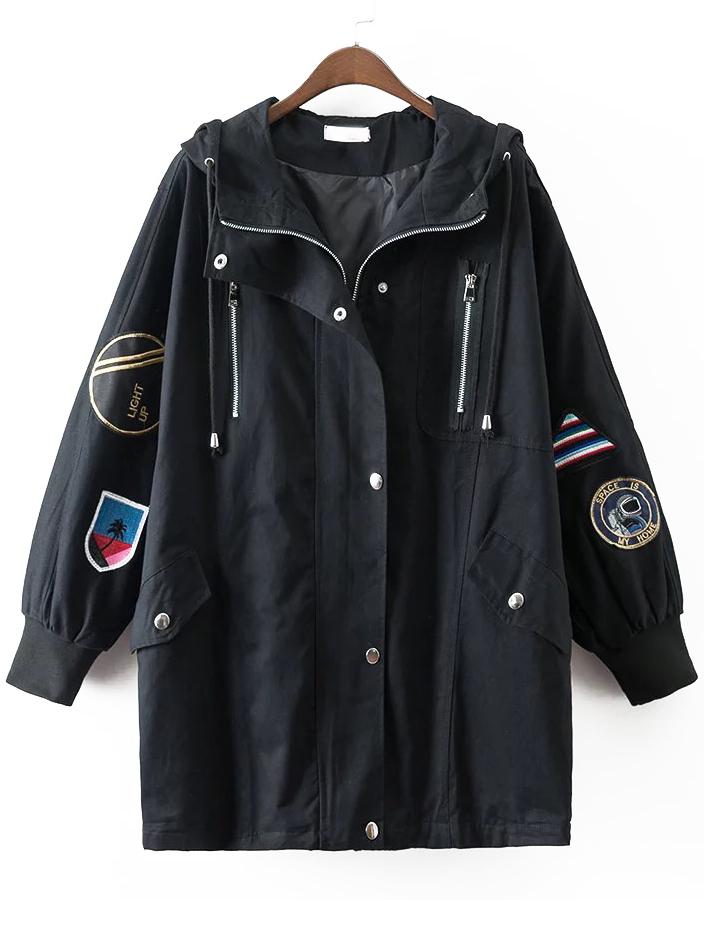 Romwe Black Embroidery Ribbed Cuff Hooded Long Coat
