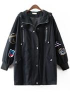 Romwe Black Embroidery Ribbed Cuff Hooded Long Coat
