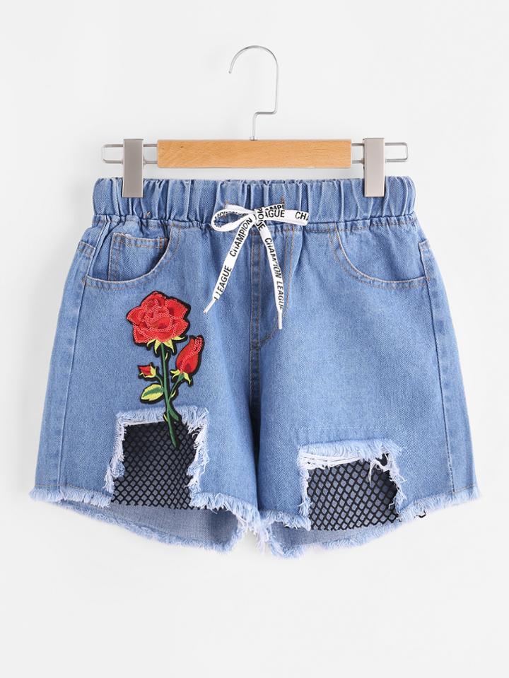 Romwe Rose Embroidered Cutout Drawstring Raw Hem Shorts