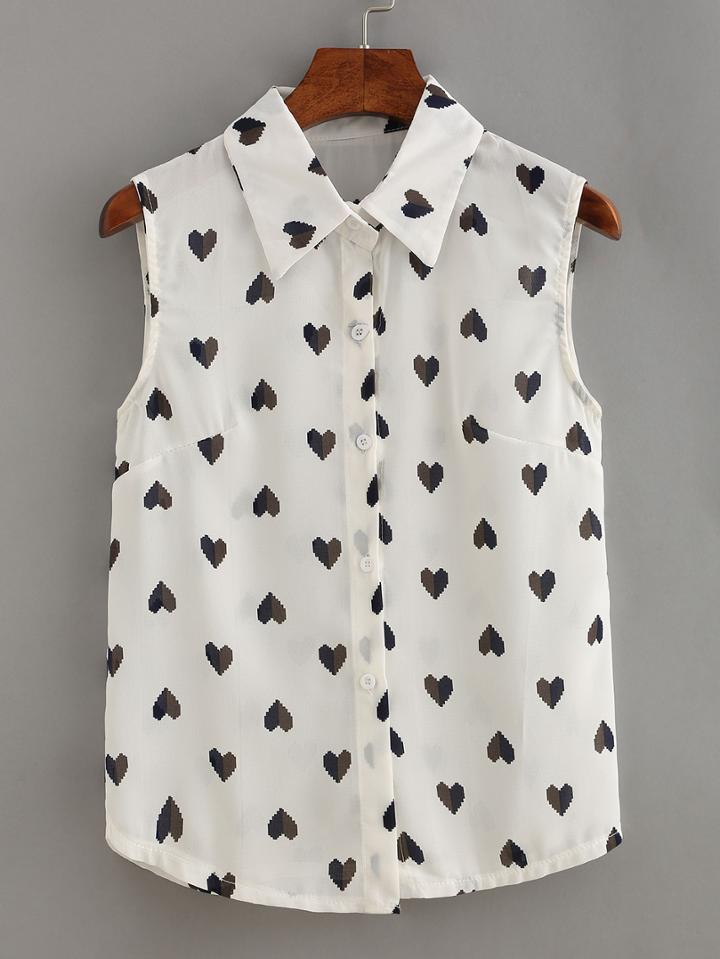 Romwe Heart Print Sleeveless Chiffon Blouse