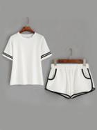 Romwe White Striped Trim Top With Contrast Trim Pockets Shorts