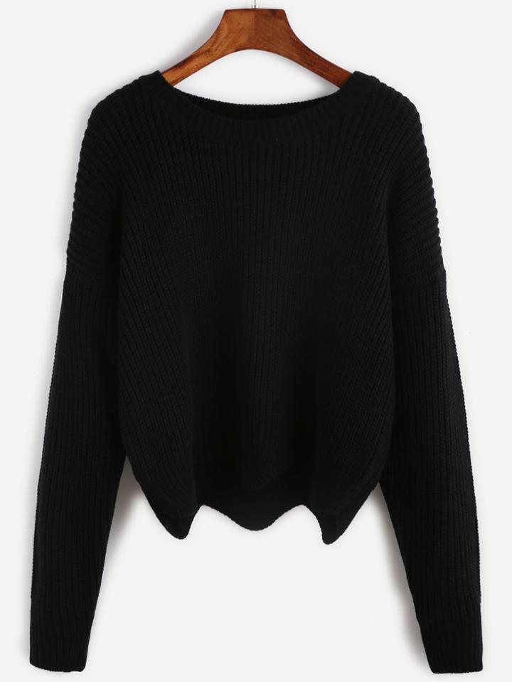Romwe Black Drop Shoulder Seam Wave Hem Sweater