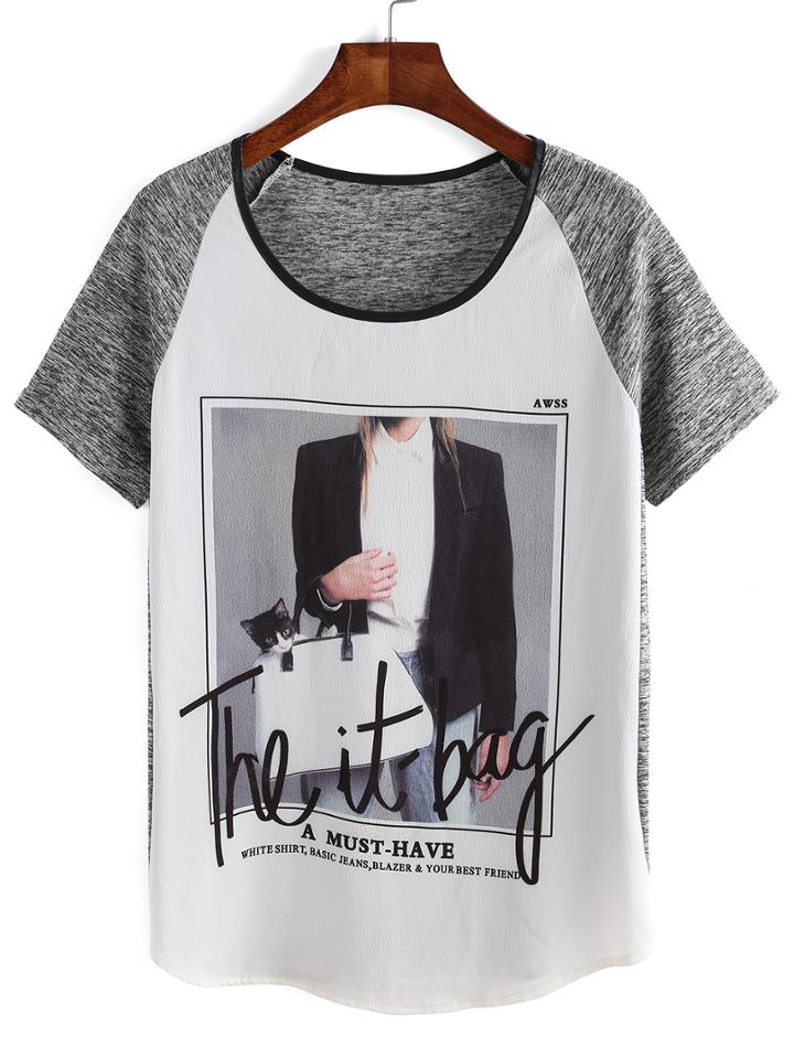 Romwe Raglan Sleeve Contrast Print T-shirt