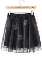 Romwe Elastic Waist Cat Print Pleated Black Skirt