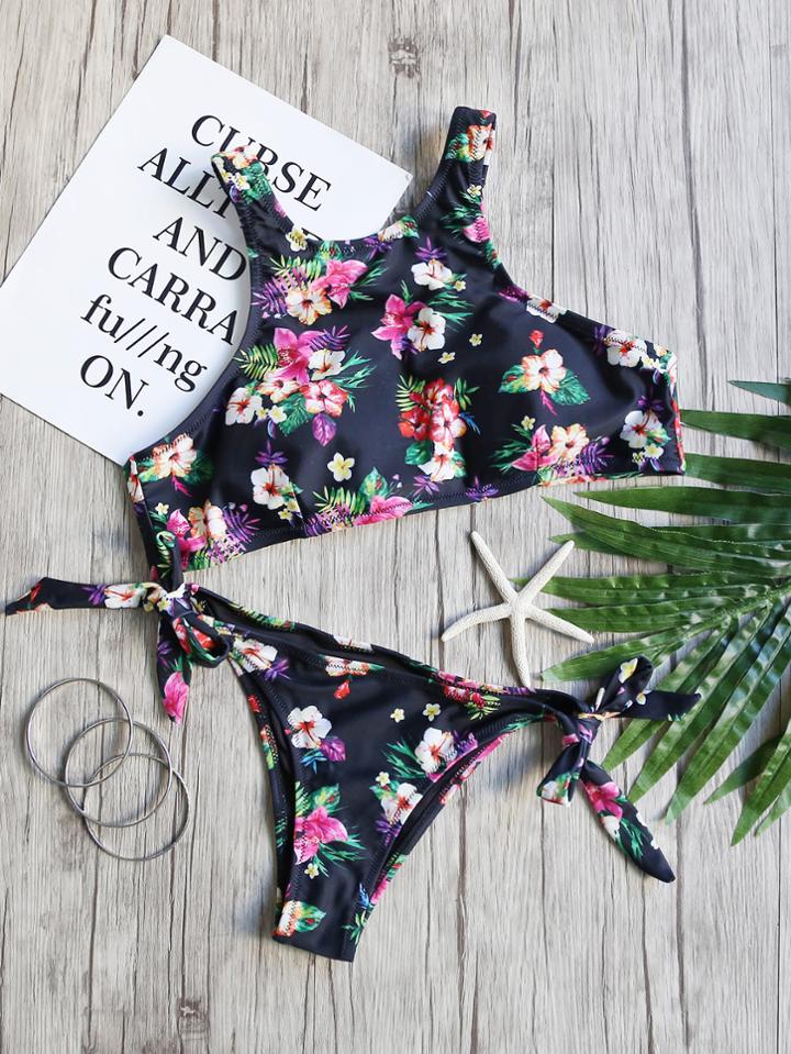 Romwe Black Floral Print Halter Neck Side Tie Bikini Set